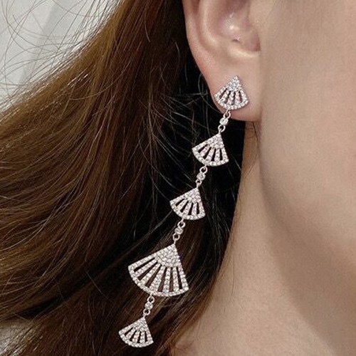 CZ Pave Fan Linked Long Drop Earring