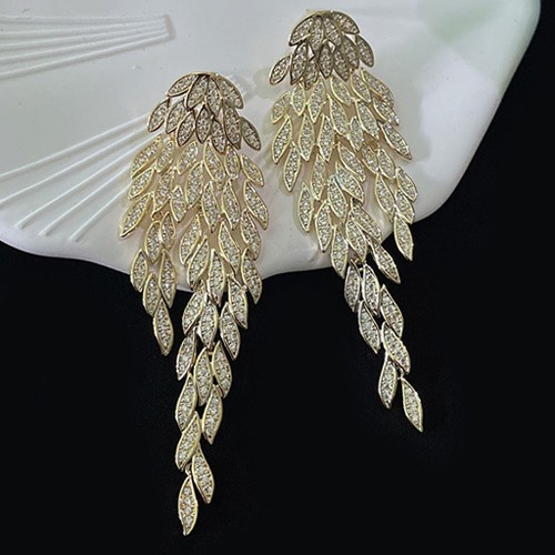 CZ Pave Leaf Drop Statement Earring