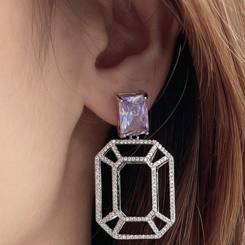 CZ Pave Rectangle Hollow Earring, Cubic Zirconia Statement Earring